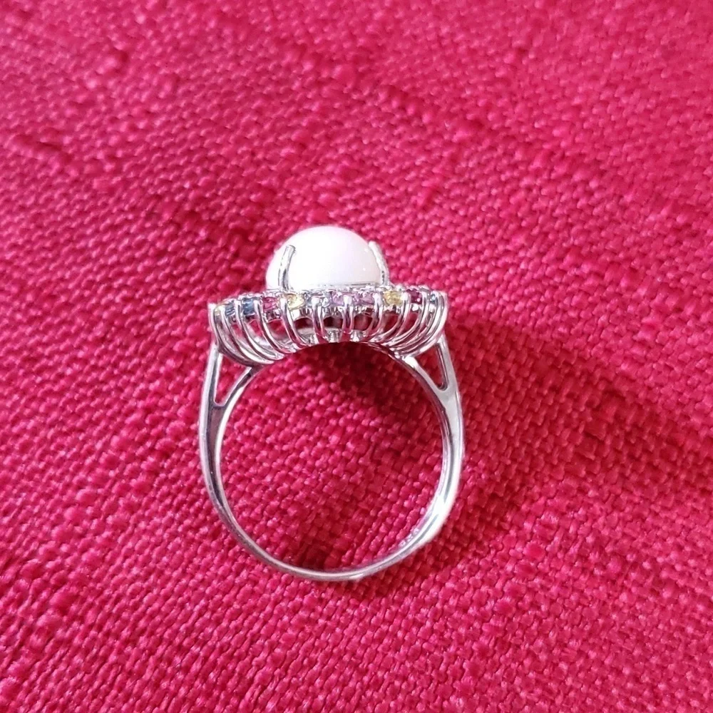 Ethiopian Welo opal, multi Sapphire, & Zircon Halo Cocktail Ring Platinum Plated